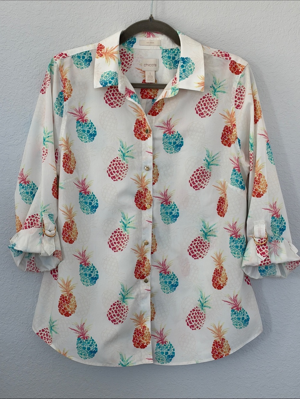 Chico’s Size 1 Pineapple Print 100% Cotton Button Down Shirt Tropical